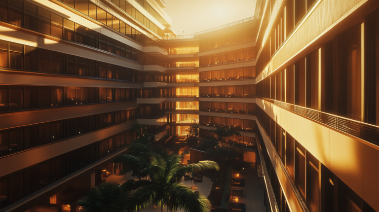 The image shows the interior courtyard of a modern multi-story building, possibly a hotel or office complex, with large windows and balconies on each floor. The scene is illuminated by warm, golden sunlight, creating a cozy atmosphere. There are palm trees and other plants in the courtyard, and the lighting suggests it is either sunrise or sunset.