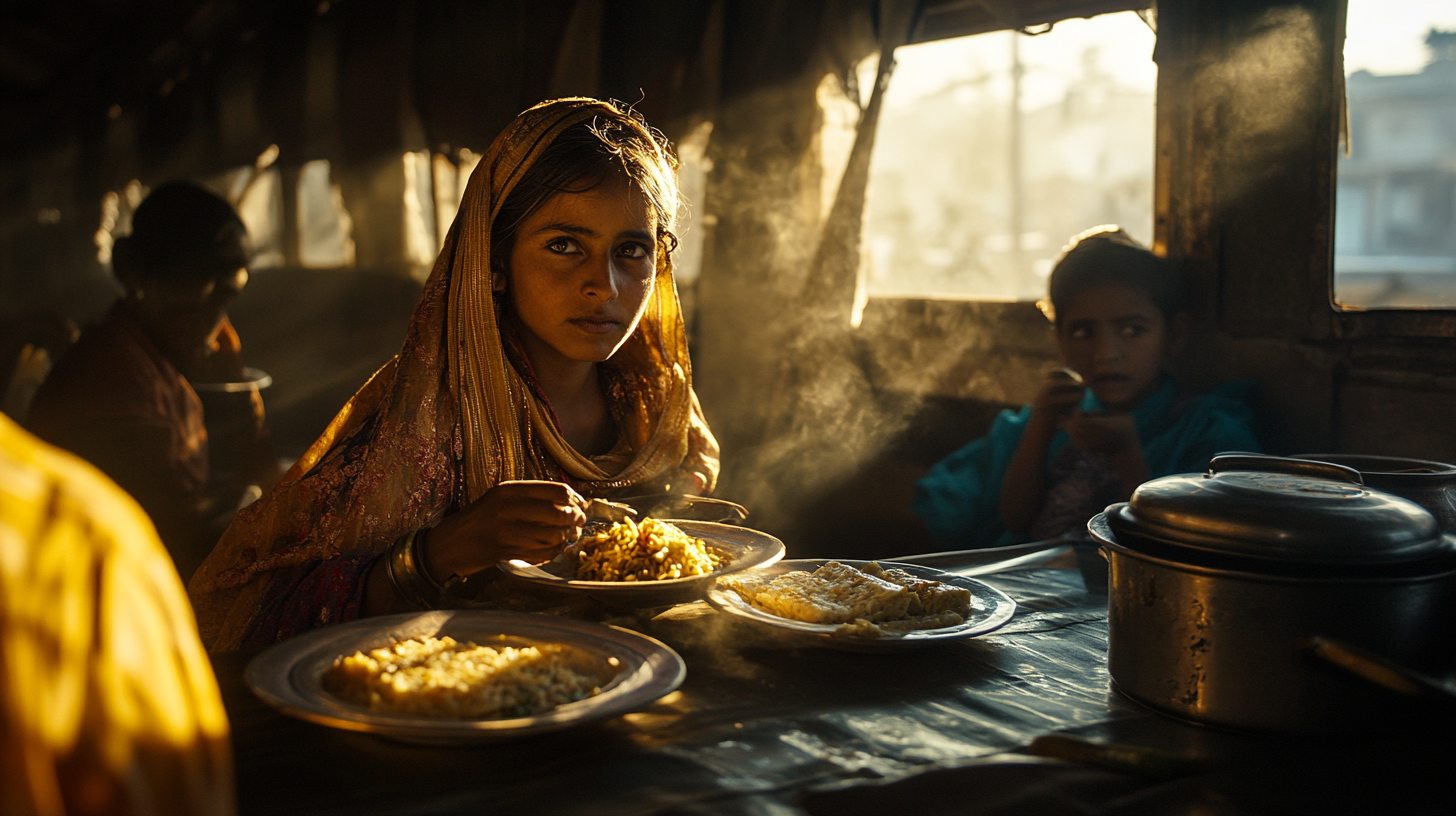 A young girl wearing a headscarf is sitting at a table with plates of food in front of her, including rice and bread. She is holding a spoon and looking towards the camera. The setting is dimly lit with sunlight streaming through a window, creating a warm atmosphere. Another child is visible in the background, sitting at the same table.