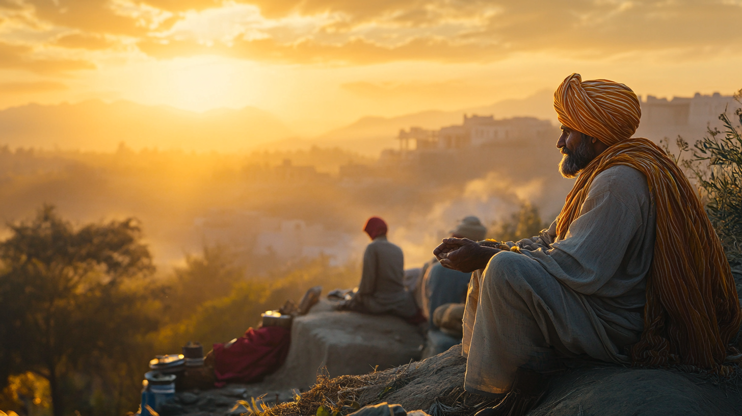 A man wearing a traditional turban and robe sits on a rock, gazing at a sunset. The scene is bathed in warm, golden light, with a hazy landscape of trees and distant buildings in the background. Other people are seated nearby, also facing the sunset, creating a serene and contemplative atmosphere.