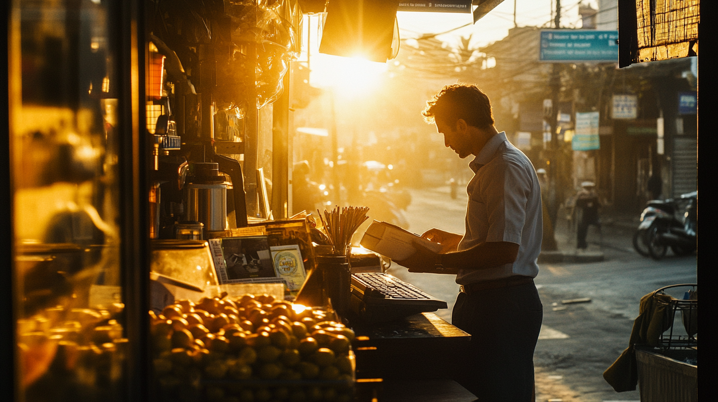 A man is standing at a street-side stall, reading a book in the warm glow of the setting sun. The stall is filled with various items, including a display of lemons in the foreground. The background shows a busy street with people and vehicles, bathed in golden light.