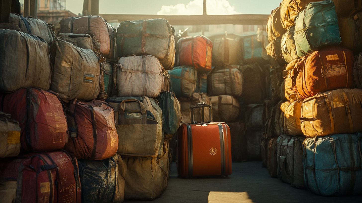 A scene depicting a storage area filled with large, stacked bundles wrapped in fabric. In the center, there is a bright orange suitcase with wheels and a handle, standing out against the muted colors of the surrounding bundles. Sunlight filters through the space, casting shadows and highlighting the textures of the materials.