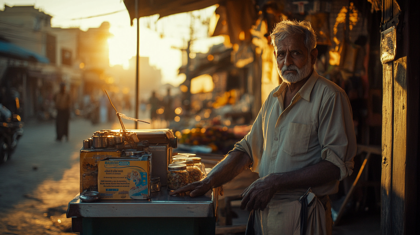 An elderly man with a white beard stands beside a small street stall at sunset. The stall has jars and a box on it, and the background shows a busy street with blurred figures and buildings. The warm glow of the setting sun casts a golden light over the scene.