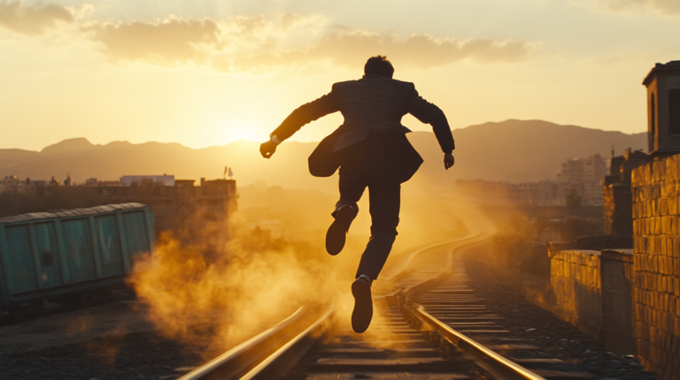 A person in a suit is running along a railway track at sunset. The scene is backlit, creating a dramatic silhouette against the golden sky. Dust is rising from the tracks, and there are buildings and mountains in the background.
