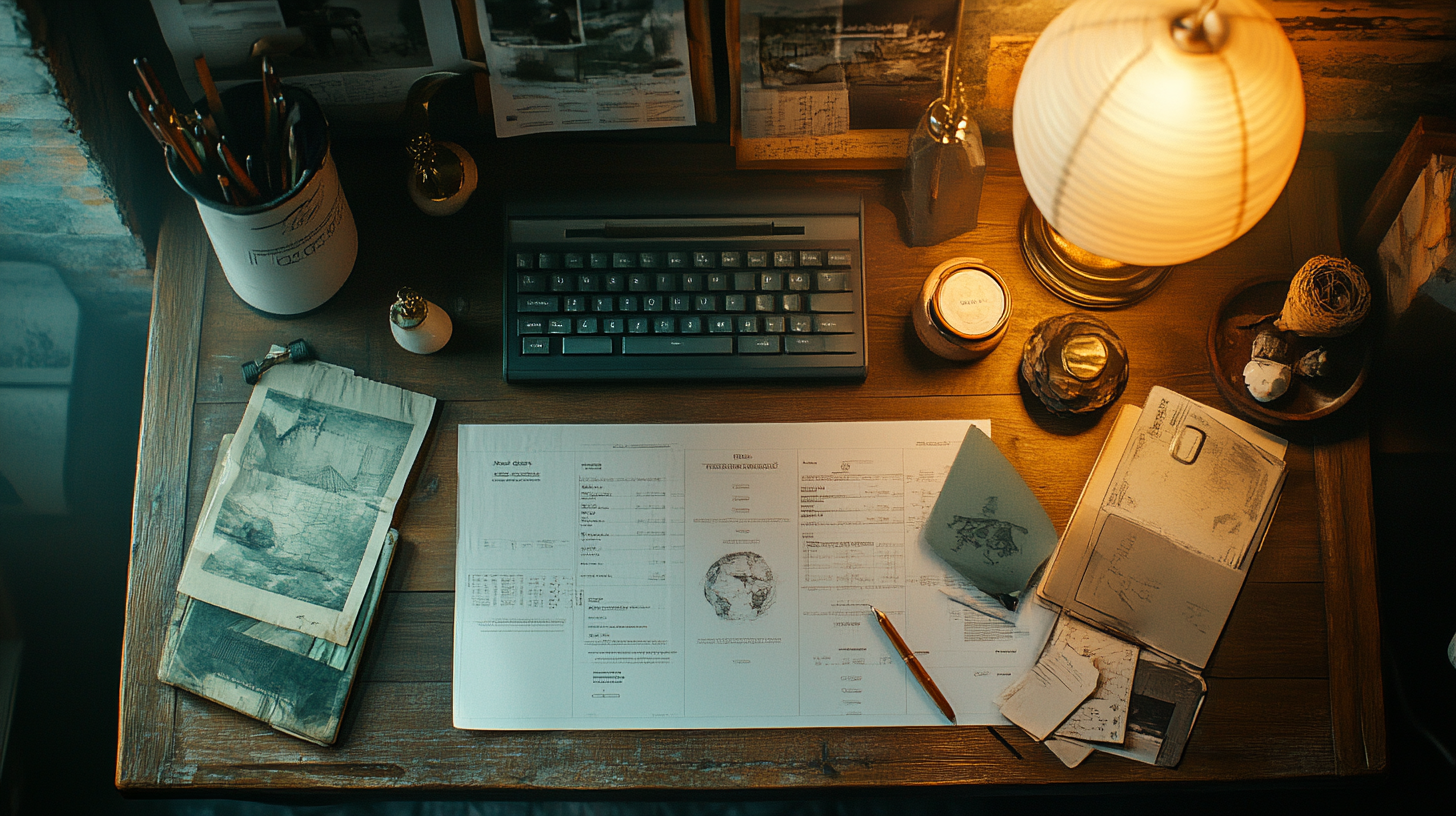 A cozy, vintage-style desk setup with a typewriter, a lit lamp, and various papers and notebooks spread across the wooden surface. There are also pens in a holder, a small globe, and decorative items like a jar and a bowl with natural objects. The scene is warmly lit, creating an inviting atmosphere.