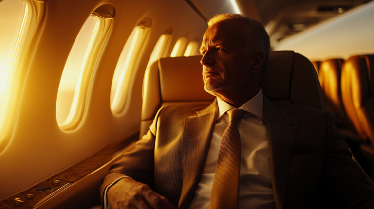 A man in a suit is sitting in an airplane seat, looking out the window. The warm, golden light of the sunset illuminates the cabin, creating a serene and contemplative atmosphere.