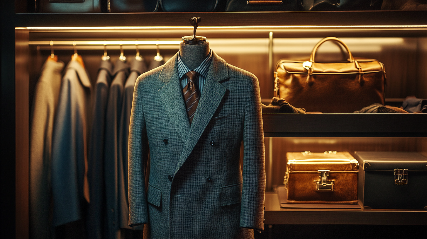 The image shows a well-organized closet with a focus on a mannequin dressed in a double-breasted suit with a striped shirt and tie. To the left, several suits are hanging on wooden hangers. On the right, shelves display a brown leather bag and two leather boxes. The closet is illuminated with warm lighting, highlighting the luxurious and elegant atmosphere.