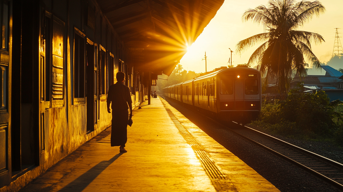 A person walks along a train platform at sunset, casting a long shadow. A train is approaching on the tracks to the right. The sun is low in the sky, creating a warm, golden glow. A palm tree and some buildings are visible in the background.