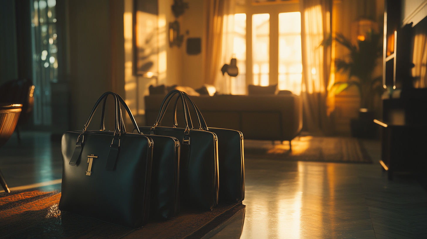 The image shows three black leather bags with handles placed on a rug in a warmly lit room. The background features a cozy living area with a sofa, a large window with curtains, and a potted plant, all bathed in soft, golden sunlight.