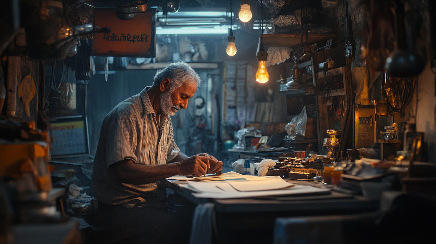 A man with gray hair and a beard is sitting at a cluttered workbench in a dimly lit workshop. He is focused on working with papers in front of him. The room is filled with various tools, containers, and hanging light bulbs, creating a warm, rustic atmosphere.