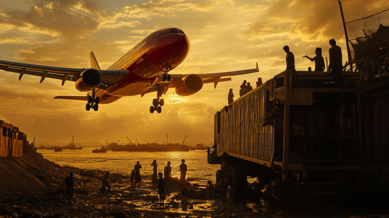 A large airplane is flying low over a riverbank at sunset, with its landing gear extended. The sky is filled with golden clouds, and the sun is setting in the background. People are silhouetted against the sky, standing on a large vehicle and along the riverbank, watching the plane. The scene is vibrant with warm colors and dramatic lighting.