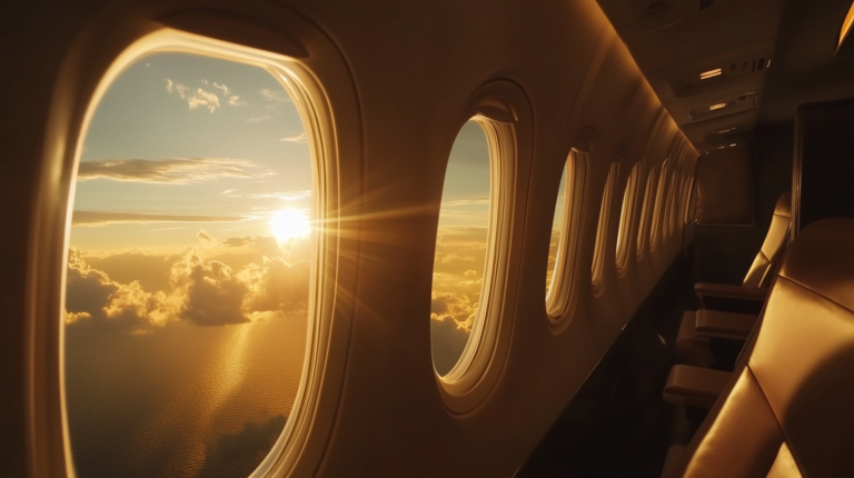 The image shows the interior of an airplane cabin with empty seats and a row of windows. Through the windows, a scenic view of a sunset is visible, with the sun casting a warm glow over clouds and the ocean below. The sunlight creates a serene and golden atmosphere inside the cabin.