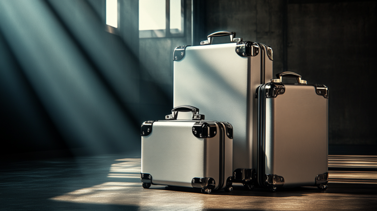 Three metallic suitcases of varying sizes are standing upright on a floor in a dimly lit room. Sunlight streams in through a window, casting dramatic shadows and highlighting the sleek, reflective surfaces of the suitcases. The room has a minimalist, industrial feel.