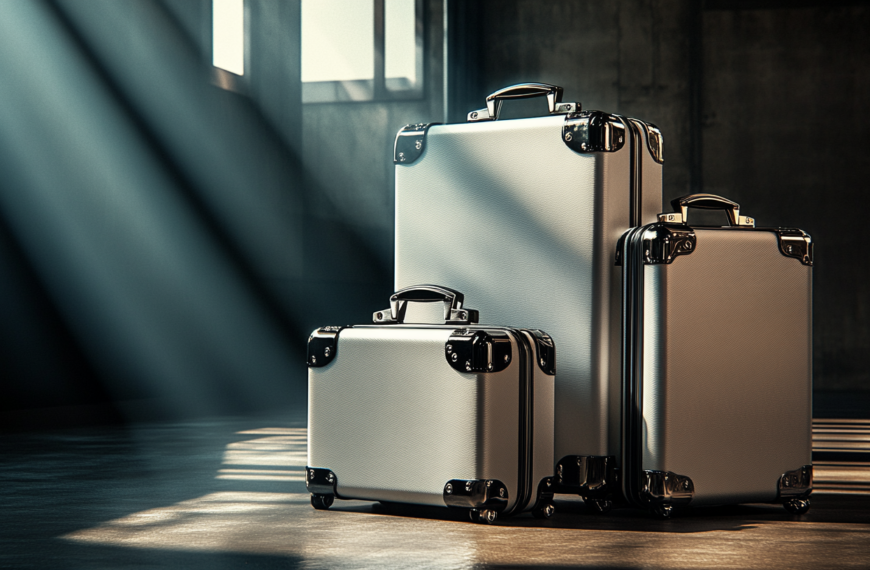 Three metallic suitcases of varying sizes are standing upright on a floor in a dimly lit room. Sunlight streams in through a window, casting dramatic shadows and highlighting the sleek, reflective surfaces of the suitcases. The room has a minimalist, industrial feel.