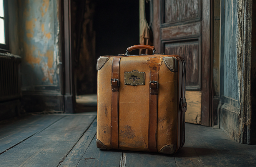 A vintage, worn leather suitcase with straps and a handle is placed on a wooden floor in an old, dimly lit room. The walls are peeling, and a window is partially visible, casting light onto the suitcase.