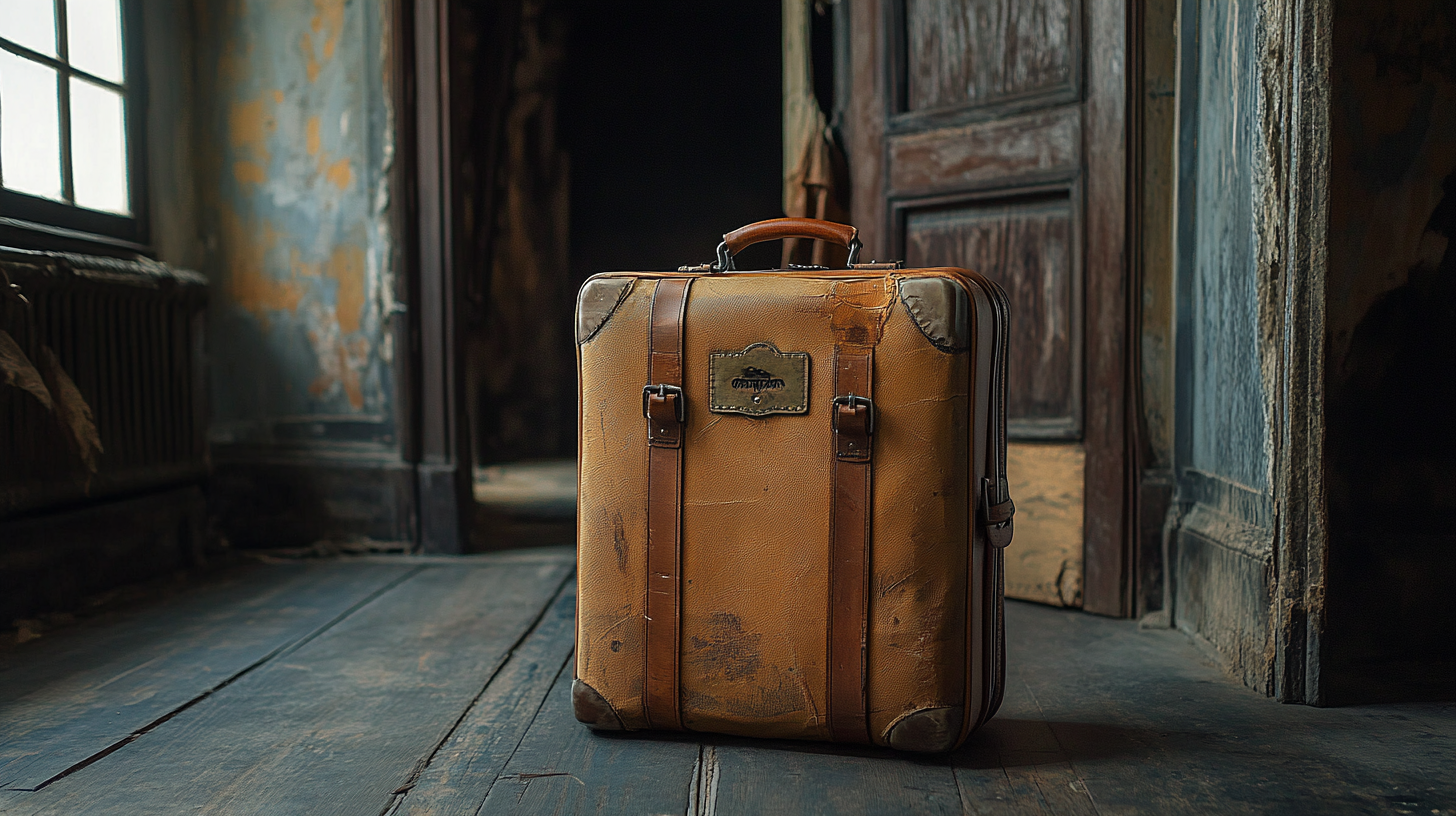 A vintage, worn leather suitcase with straps and a handle is placed on a wooden floor in an old, dimly lit room. The walls are peeling, and a window is partially visible, casting light onto the suitcase.