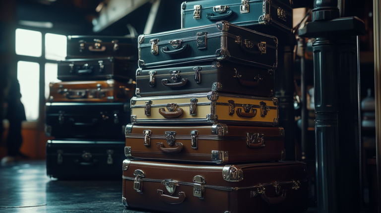 A stack of vintage-style suitcases in various colors, including black, brown, and beige, is arranged on a dark floor. The suitcases have metal clasps and handles, and the scene is set in a dimly lit room with a window in the background.