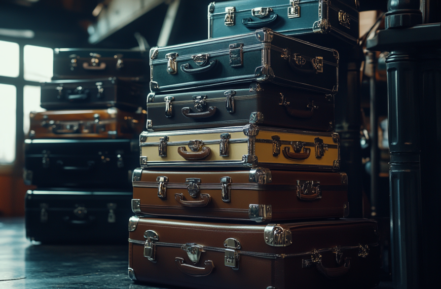 A stack of vintage-style suitcases in various colors, including black, brown, and beige, is arranged on a dark floor. The suitcases have metal clasps and handles, and the scene is set in a dimly lit room with a window in the background.