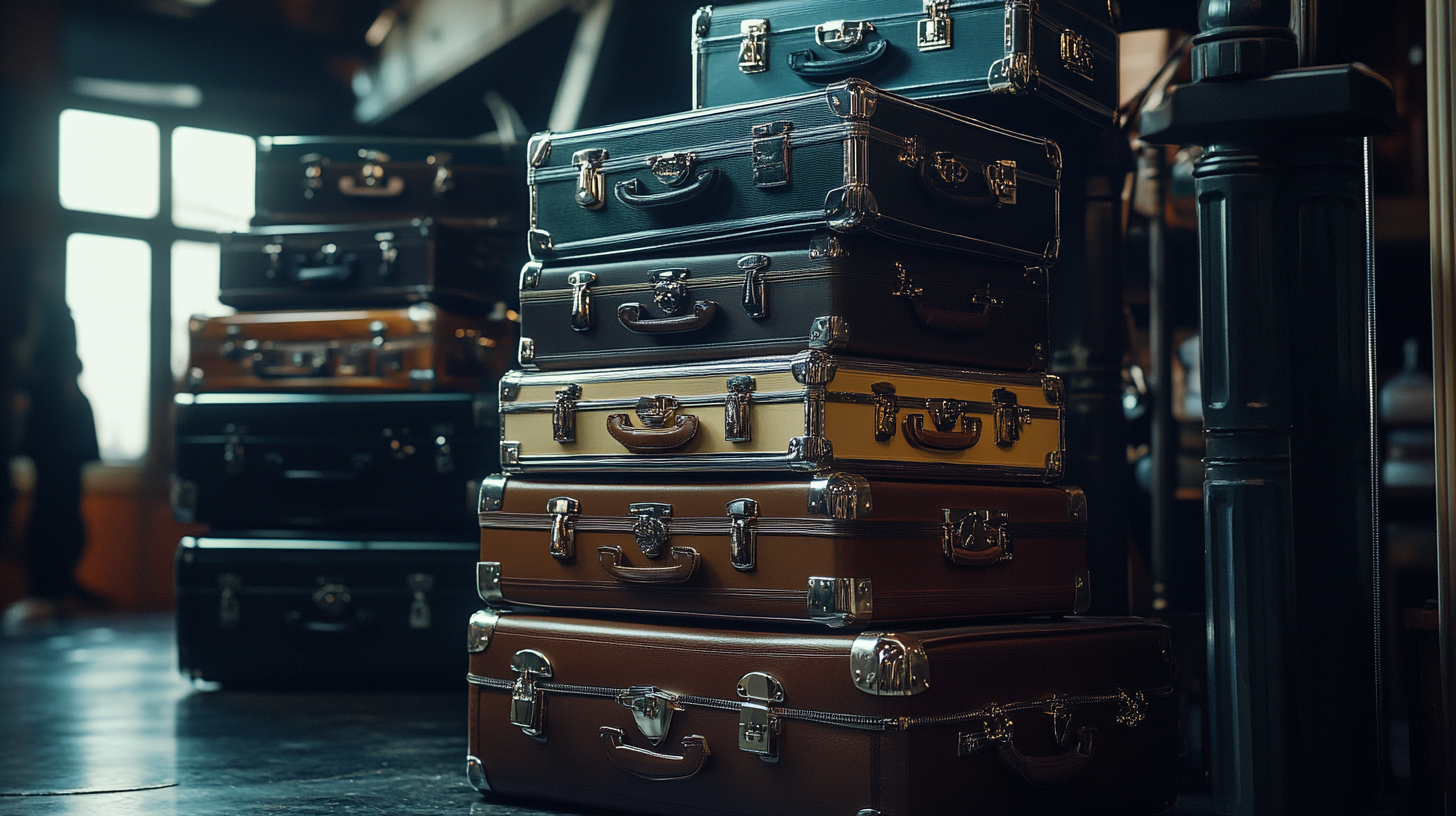A stack of vintage-style suitcases in various colors, including black, brown, and beige, is arranged on a dark floor. The suitcases have metal clasps and handles, and the scene is set in a dimly lit room with a window in the background.