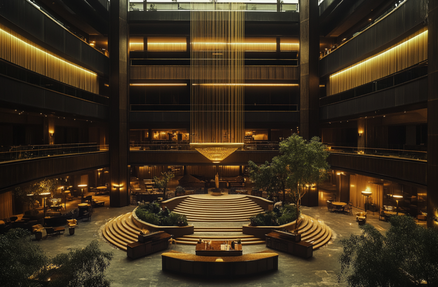 A spacious, elegant hotel lobby with a central circular staircase leading to a lower level. The area is warmly lit with ambient lighting, featuring a large chandelier hanging from the ceiling. There are several seating areas with tables and chairs, surrounded by lush indoor plants. The design is modern and sophisticated, with dark wood and metallic accents.
