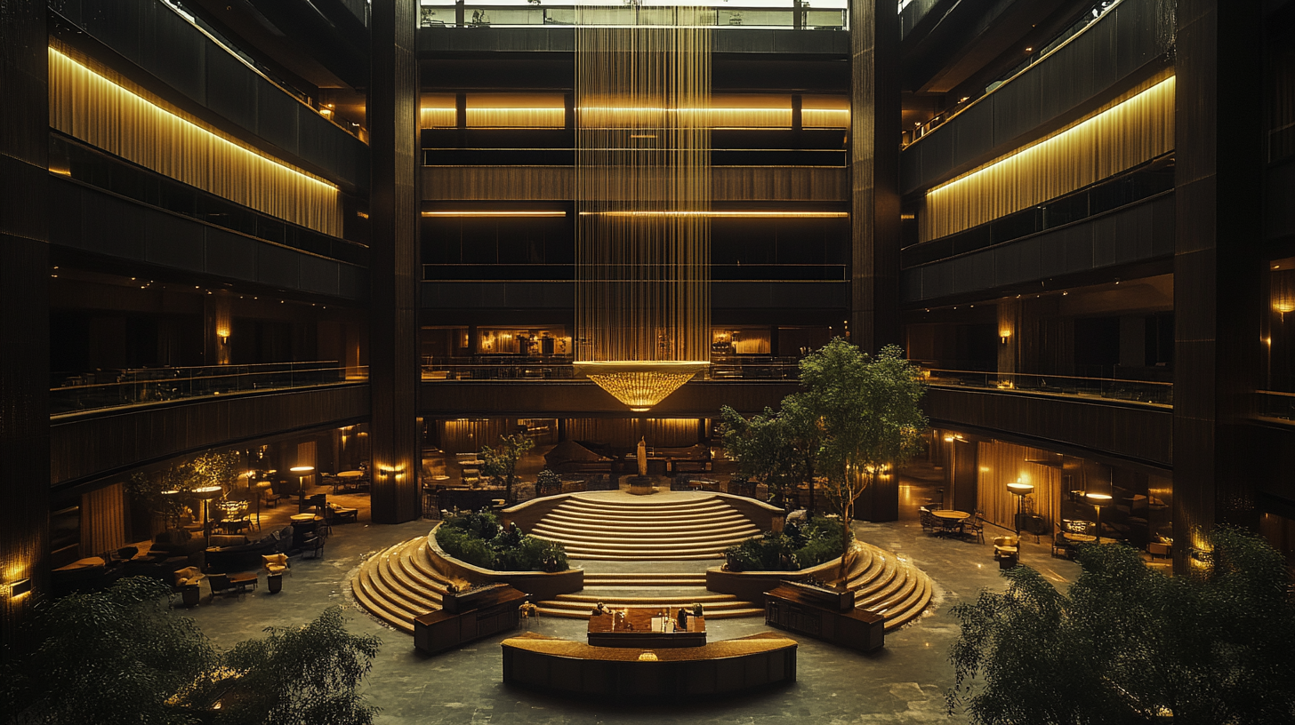 A spacious, elegant hotel lobby with a central circular staircase leading to a lower level. The area is warmly lit with ambient lighting, featuring a large chandelier hanging from the ceiling. There are several seating areas with tables and chairs, surrounded by lush indoor plants. The design is modern and sophisticated, with dark wood and metallic accents.