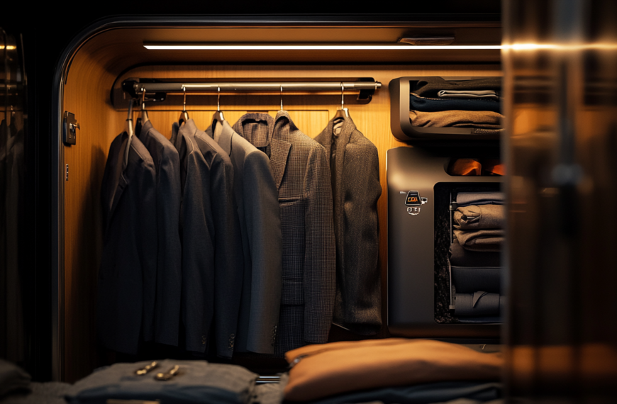 A neatly organized wardrobe with several suits hanging on a rail. To the right, there are shelves with folded clothes and a small compartment with more folded garments. The wardrobe has a warm, wooden interior and is well-lit.