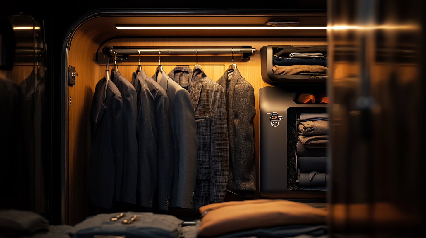 A neatly organized wardrobe with several suits hanging on a rail. To the right, there are shelves with folded clothes and a small compartment with more folded garments. The wardrobe has a warm, wooden interior and is well-lit.
