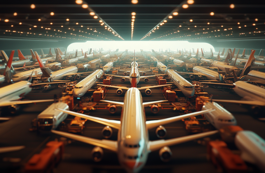 A large number of airplanes are parked closely together inside a spacious, well-lit hangar. The planes are aligned in rows, with various ground support vehicles and equipment positioned around them. The scene is illuminated by numerous overhead lights, creating a bright and organized atmosphere.