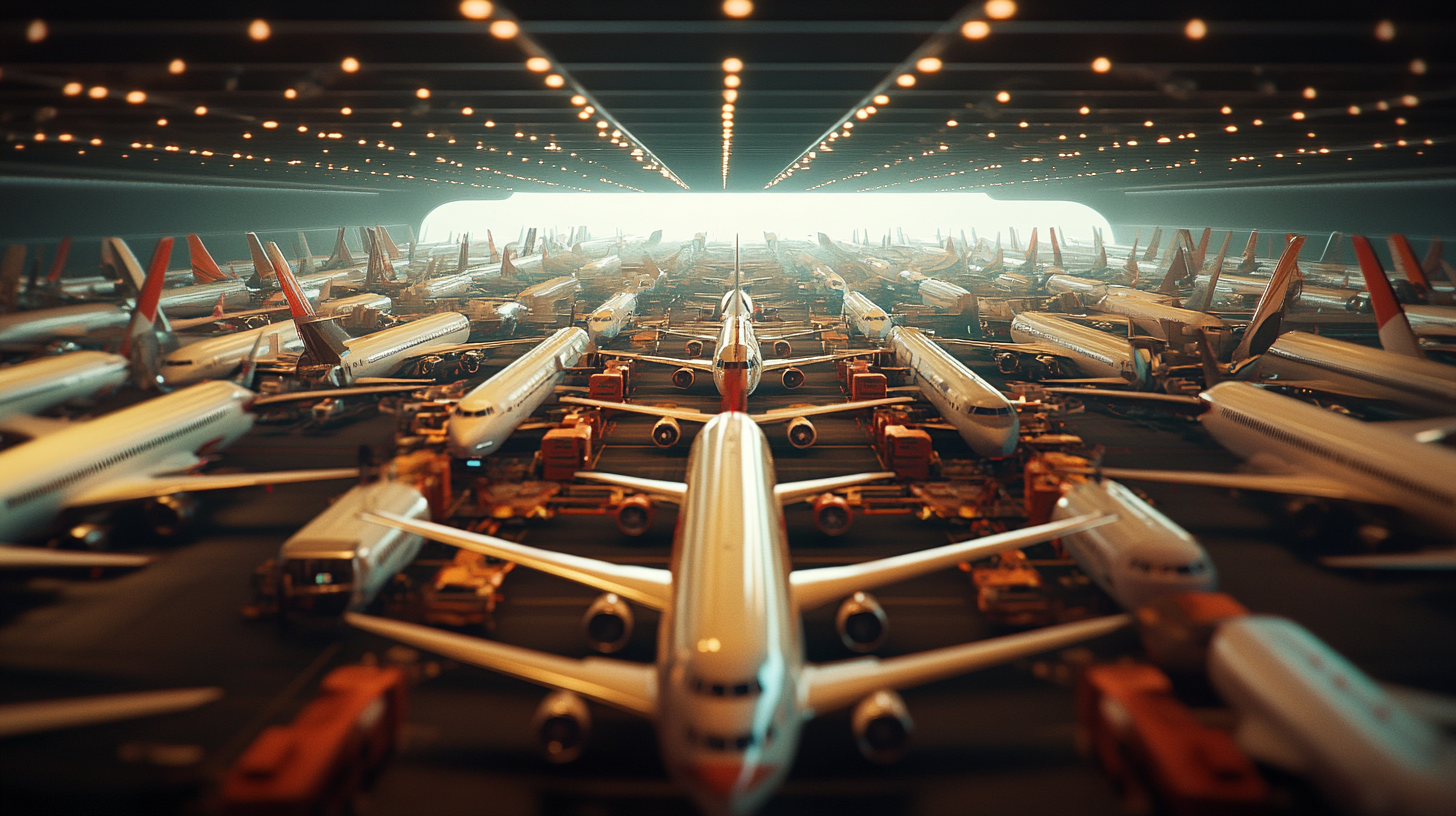 A large number of airplanes are parked closely together inside a spacious, well-lit hangar. The planes are aligned in rows, with various ground support vehicles and equipment positioned around them. The scene is illuminated by numerous overhead lights, creating a bright and organized atmosphere.
