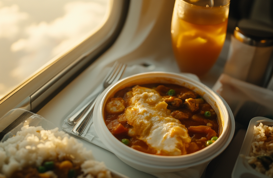 A meal is served on an airplane tray table next to a window. The meal includes a bowl of curry with rice, vegetables, and an omelet on top. There is also a side dish of rice and a glass of orange juice. The scene is warmly lit by sunlight coming through the window.