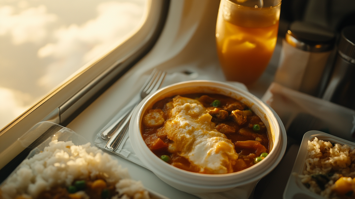 A meal is served on an airplane tray table next to a window. The meal includes a bowl of curry with rice, vegetables, and an omelet on top. There is also a side dish of rice and a glass of orange juice. The scene is warmly lit by sunlight coming through the window.