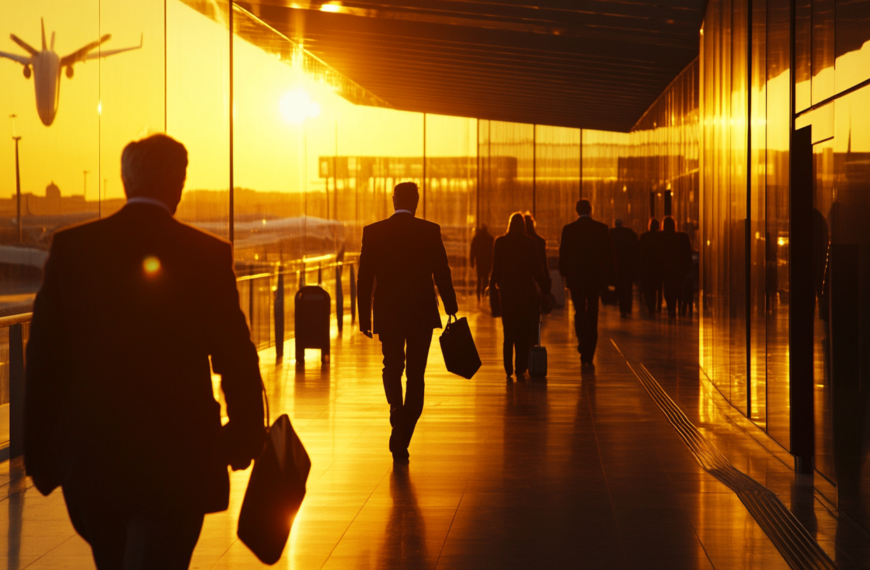 A group of people in business attire walk through an airport terminal during sunset. The scene is backlit by the sun, casting long shadows and creating a warm, golden glow. An airplane is visible in the sky, appearing to take off or land. The terminal features large glass windows reflecting the sunlight.