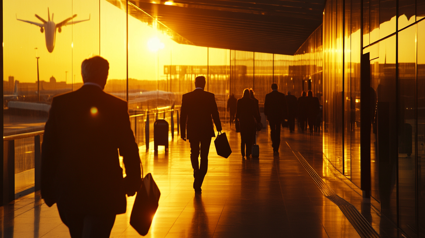 A group of people in business attire walk through an airport terminal during sunset. The scene is backlit by the sun, casting long shadows and creating a warm, golden glow. An airplane is visible in the sky, appearing to take off or land. The terminal features large glass windows reflecting the sunlight.