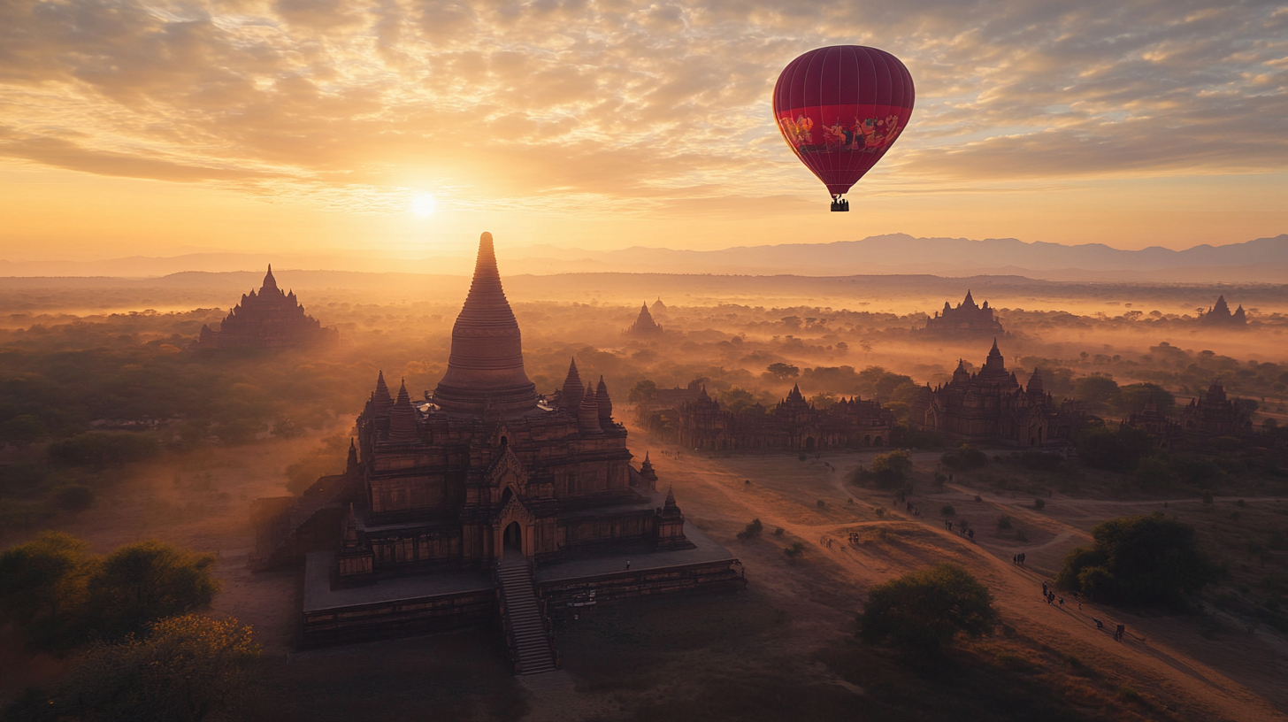 A hot air balloon floats over an ancient temple complex at sunrise. The scene is bathed in warm, golden light, with mist hovering over the landscape. The temples have intricate architecture, and the sky is partly cloudy, adding depth to the serene atmosphere.