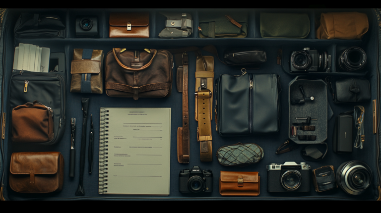 The image shows an organized suitcase with various items neatly arranged. There are several leather bags and pouches, a couple of cameras with lenses, a notebook, pens, and a few small cases. The items are placed in compartments, giving a tidy and well-organized appearance.