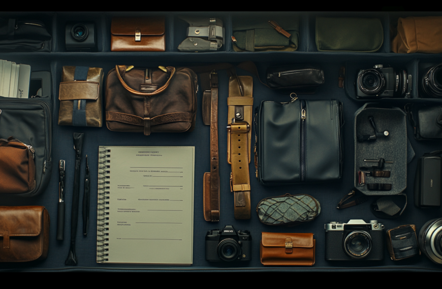 The image shows an organized suitcase with various items neatly arranged. There are several leather bags and pouches, a couple of cameras with lenses, a notebook, pens, and a few small cases. The items are placed in compartments, giving a tidy and well-organized appearance.