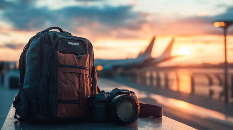 A backpack and a Canon camera are placed on a surface at an airport during sunset. The background shows blurred images of airplanes and a vibrant sky with orange and pink hues.