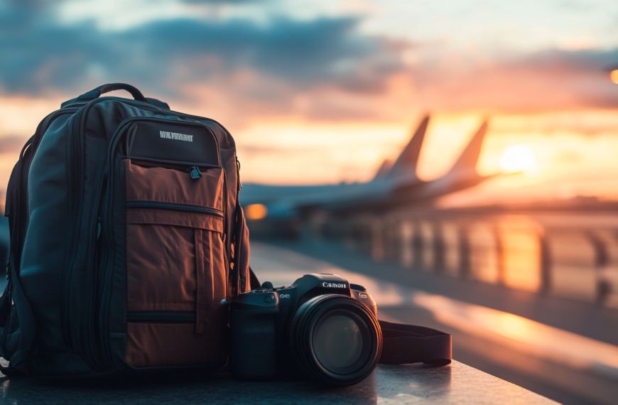 A backpack and a Canon camera are placed on a surface at an airport during sunset. The background shows blurred images of airplanes and a vibrant sky with orange and pink hues.