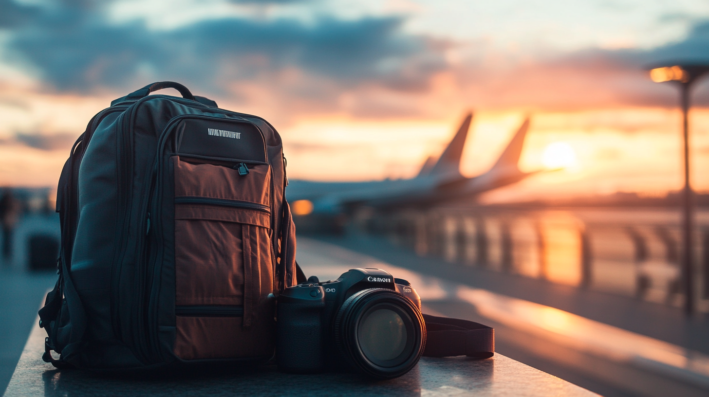 A backpack and a Canon camera are placed on a surface at an airport during sunset. The background shows blurred images of airplanes and a vibrant sky with orange and pink hues.