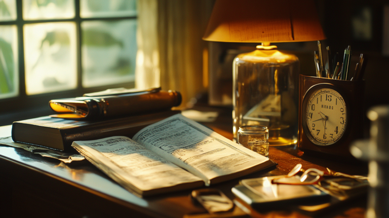 A cozy, warmly lit desk scene with an open book in the center, surrounded by a closed book, a rolled-up scroll, and a pair of glasses. A vintage clock and a container holding pens and pencils are on the right. A small glass jar and a smartphone are also visible. The background features a window with soft, natural light streaming in.