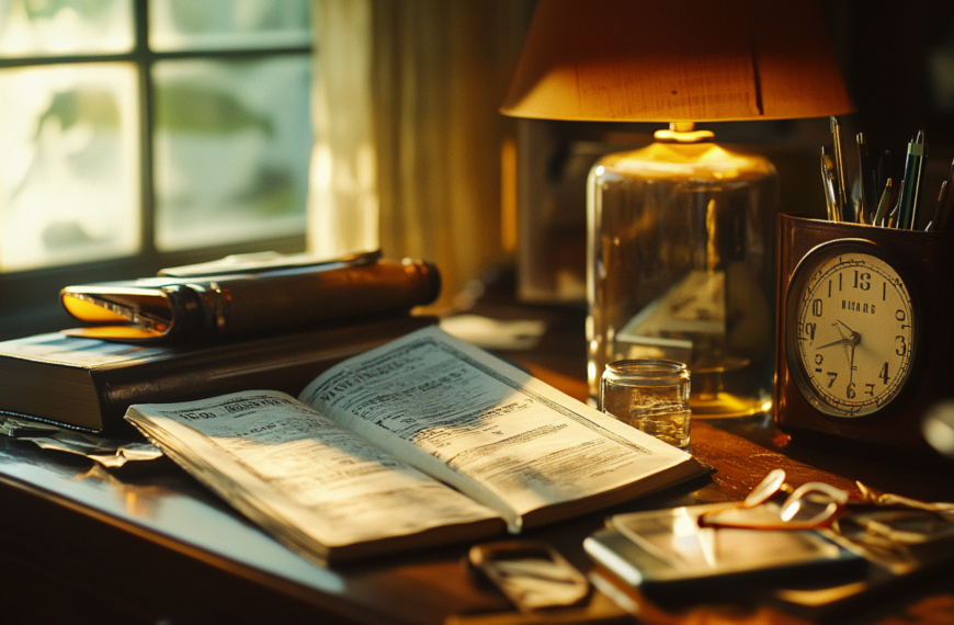 A cozy, warmly lit desk scene with an open book in the center, surrounded by a closed book, a rolled-up scroll, and a pair of glasses. A vintage clock and a container holding pens and pencils are on the right. A small glass jar and a smartphone are also visible. The background features a window with soft, natural light streaming in.