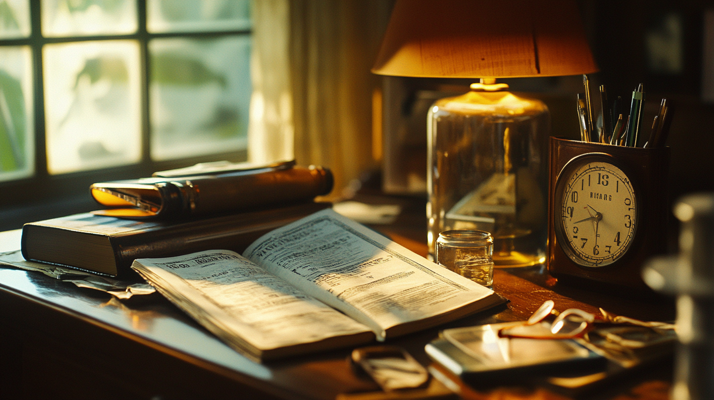 A cozy, warmly lit desk scene with an open book in the center, surrounded by a closed book, a rolled-up scroll, and a pair of glasses. A vintage clock and a container holding pens and pencils are on the right. A small glass jar and a smartphone are also visible. The background features a window with soft, natural light streaming in.