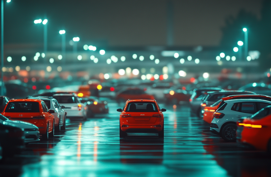 A parking lot at night with rows of cars, including a prominent red car in the center. The ground is wet, reflecting the bright lights from the street lamps and surrounding buildings, creating a bokeh effect in the background.