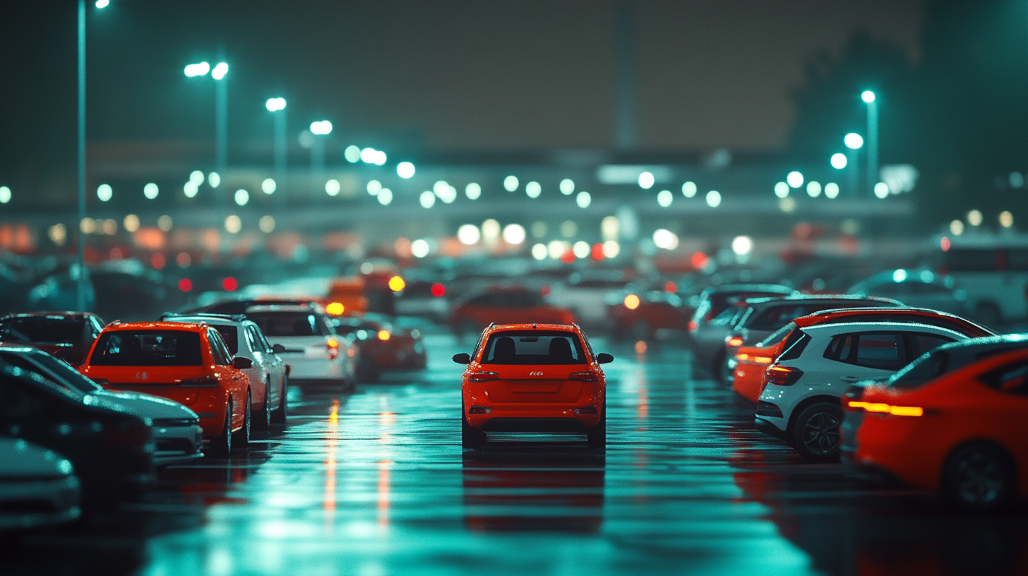A parking lot at night with rows of cars, including a prominent red car in the center. The ground is wet, reflecting the bright lights from the street lamps and surrounding buildings, creating a bokeh effect in the background.