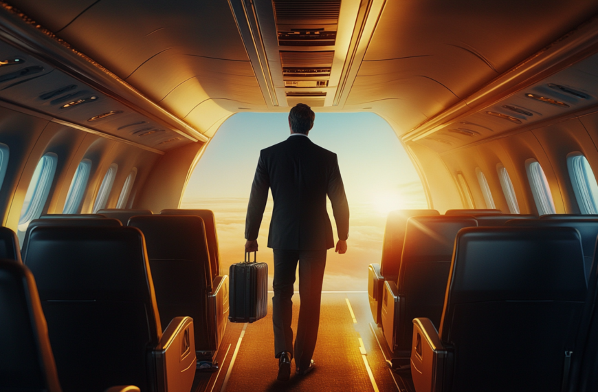A person in a suit is walking down the aisle of an airplane, carrying a suitcase. The interior of the plane is empty, and the sun is setting or rising outside, casting a warm glow through the windows.