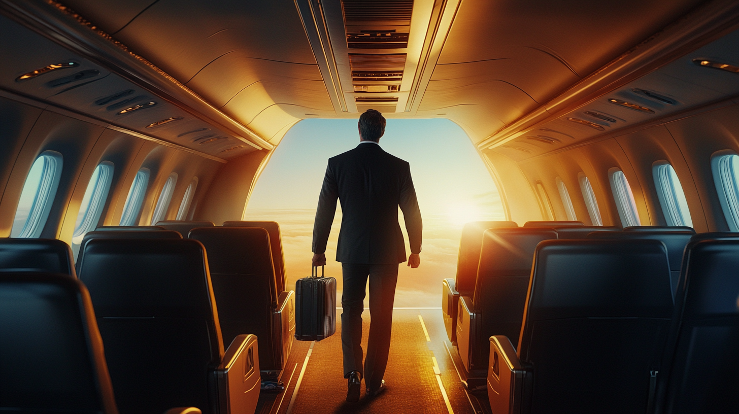 A person in a suit is walking down the aisle of an airplane, carrying a suitcase. The interior of the plane is empty, and the sun is setting or rising outside, casting a warm glow through the windows.