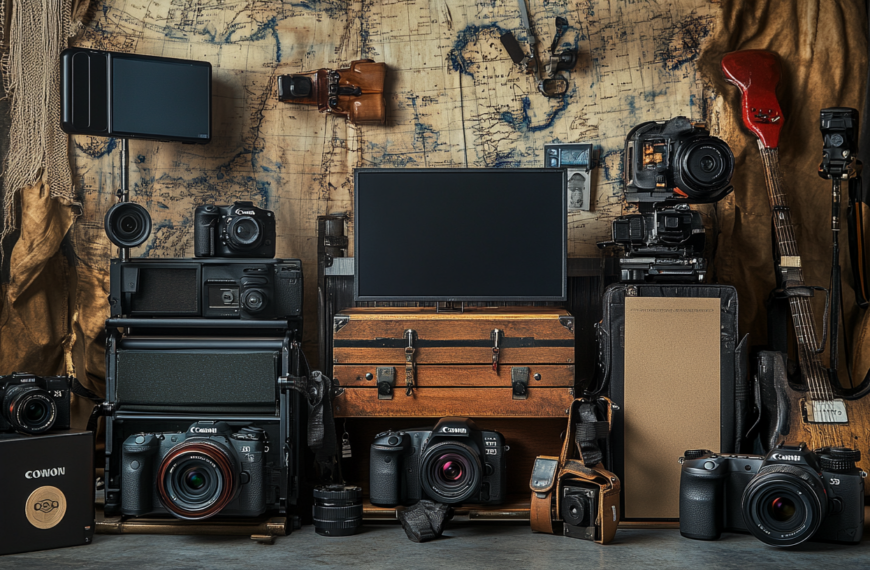 The image shows a collection of vintage and modern cameras, lenses, and photography equipment arranged on and around a wooden chest. There is a large monitor in the center, surrounded by various cameras and lenses. A map is draped in the background, and a guitar is visible on the right side. The setup has a rustic and eclectic feel, combining elements of photography and music.