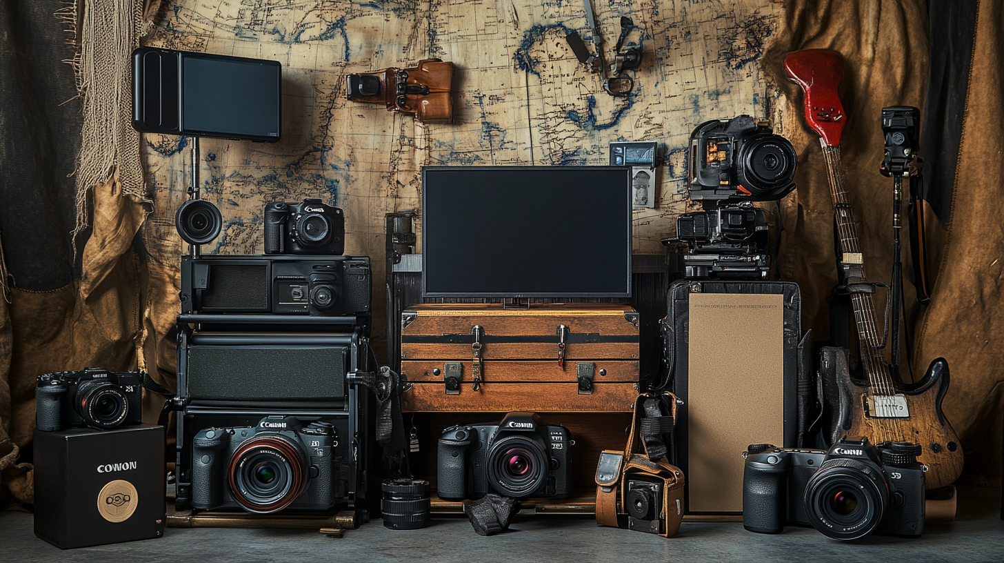The image shows a collection of vintage and modern cameras, lenses, and photography equipment arranged on and around a wooden chest. There is a large monitor in the center, surrounded by various cameras and lenses. A map is draped in the background, and a guitar is visible on the right side. The setup has a rustic and eclectic feel, combining elements of photography and music.