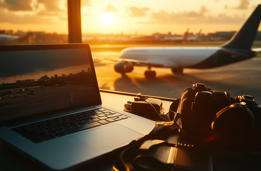 A laptop displaying an airport scene is placed on a table by a window, with a camera and headphones next to it. In the background, an airplane is parked on the tarmac during sunset, casting a warm glow over the scene.