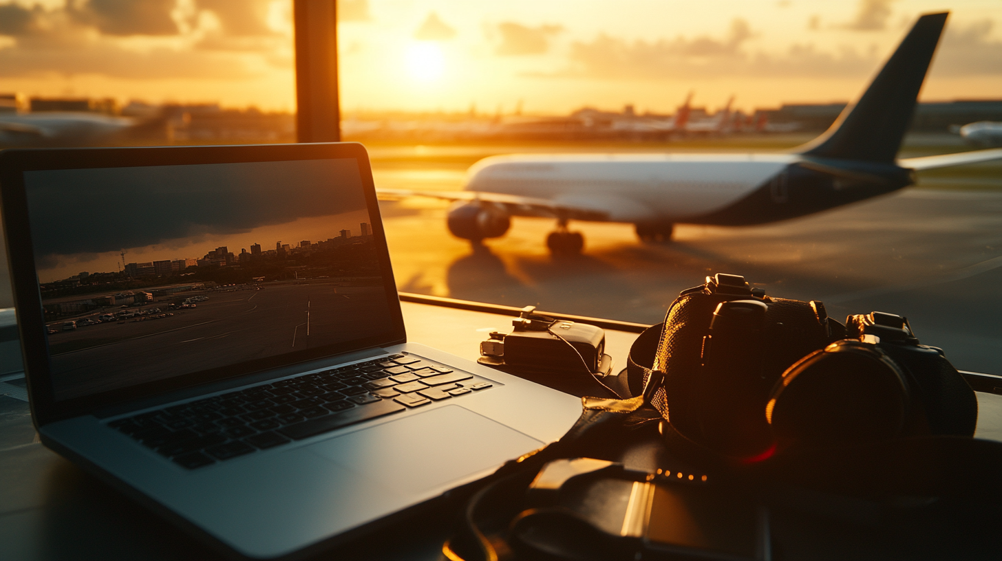 A laptop displaying an airport scene is placed on a table by a window, with a camera and headphones next to it. In the background, an airplane is parked on the tarmac during sunset, casting a warm glow over the scene.
