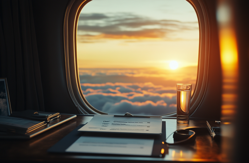 A view from an airplane window showing a sunset above the clouds. Inside the plane, there is a table with documents, a pair of headphones, and a glass of water. The warm light from the sunset illuminates the scene, creating a serene atmosphere.
